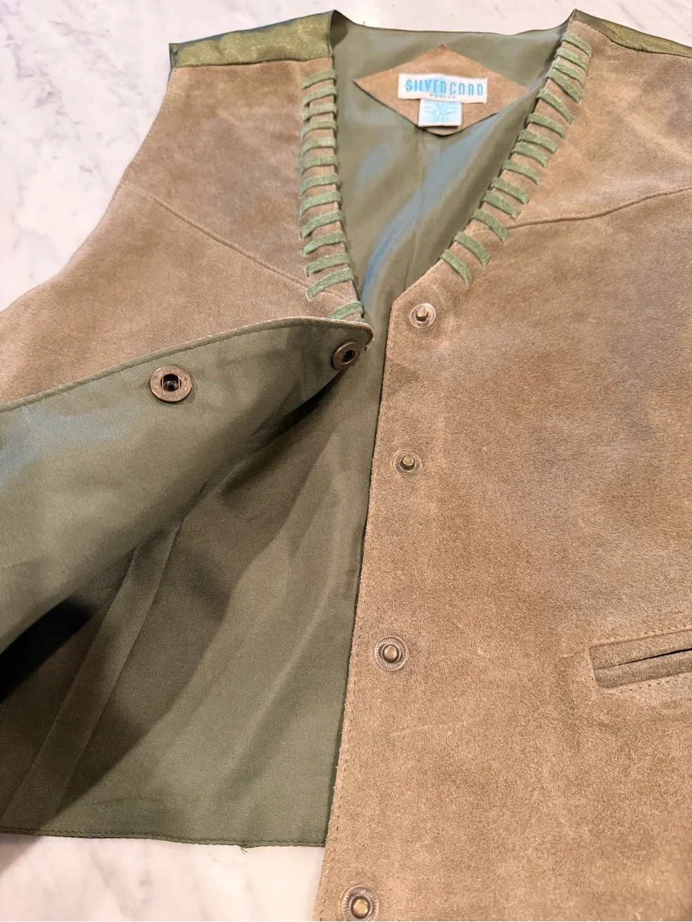 Silvercord VTG leather vest women’s  Olive/Tan Suede Sz M western cowgirl boho